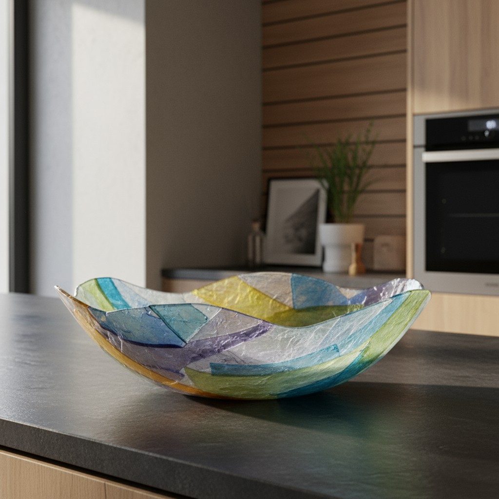 This photograph depicts an artisan-crafted, hand-written, one-of-a-kind piece of art sitting on a kitchen island in front ...